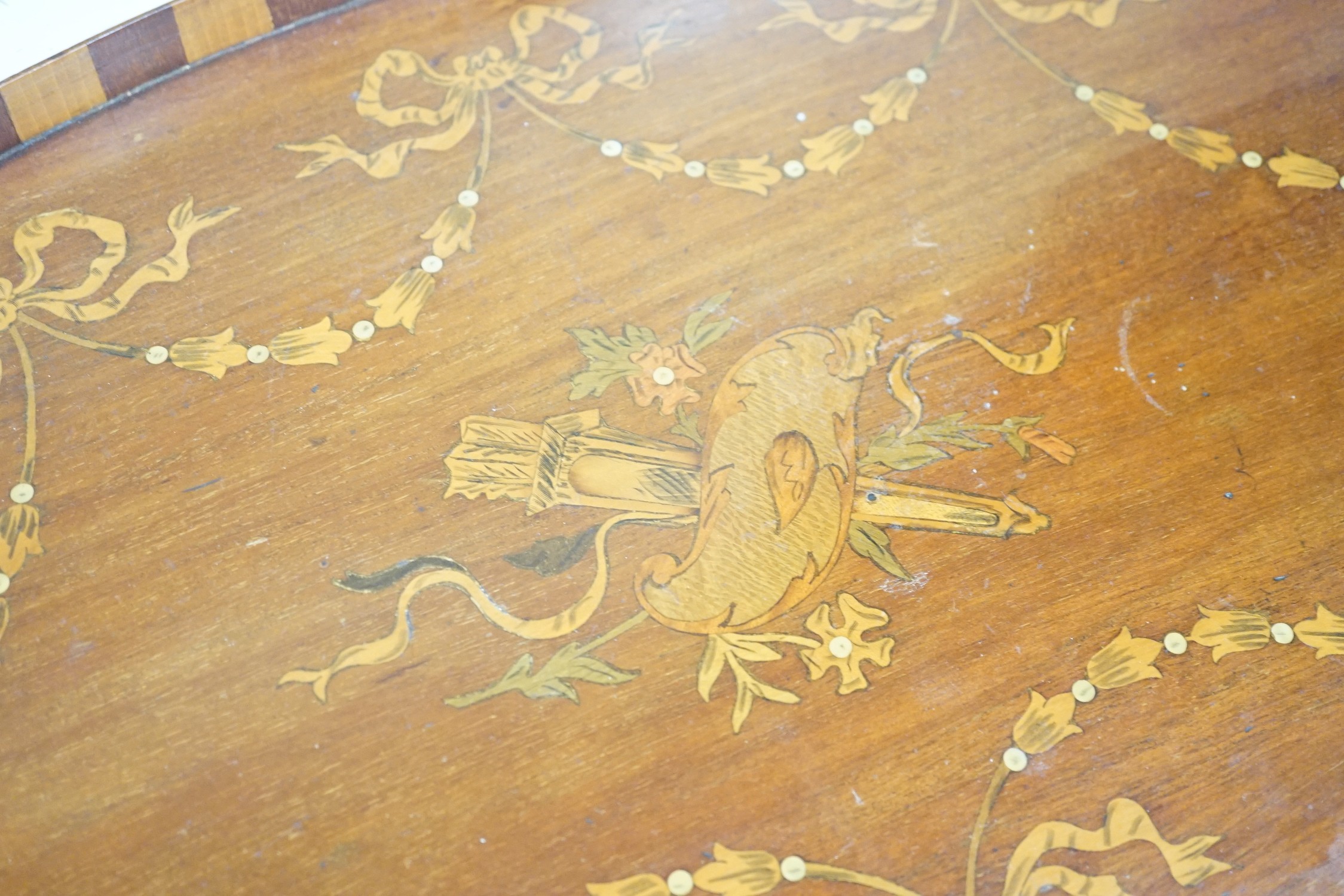 Two early 20th century mahogany and marquetry trays